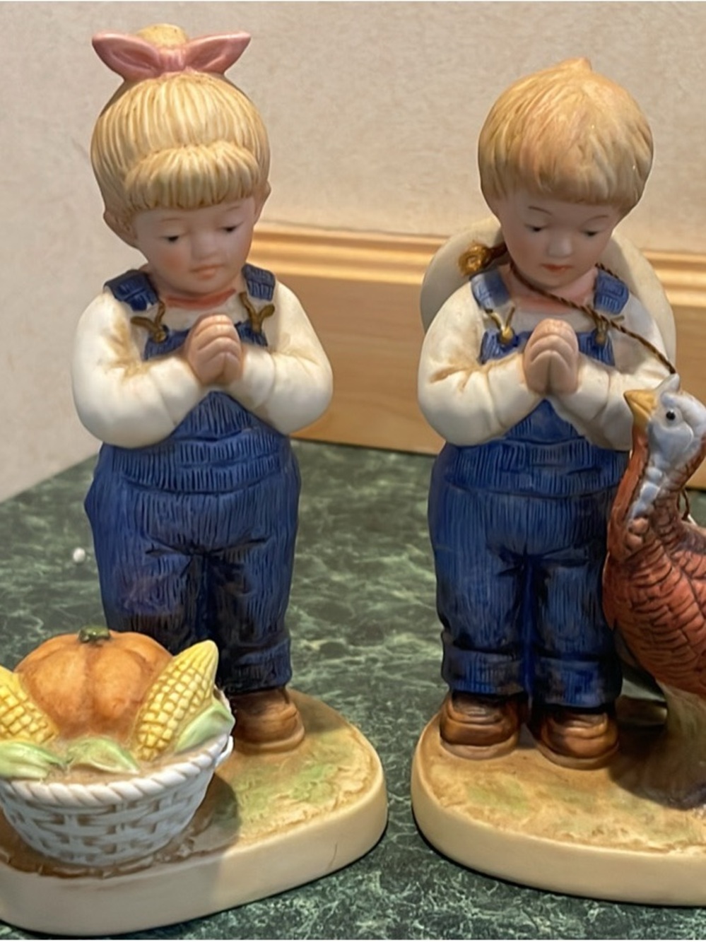 Hand-Painted Praying Child Figurine Pair in Blue Overalls